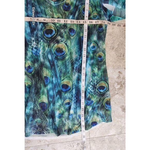 F74 B.L.E.U. Peacock blue & green blouse, crochet, deep V-neck & flutter sleeves - Picture 8 of 10